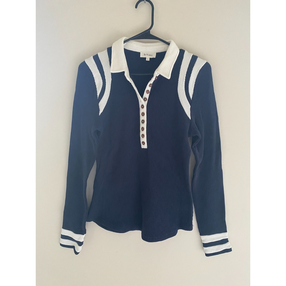 Bohme Womens Long Sleeve Cotton Thermal Polo Shirt Size S Navy Blue Ivory